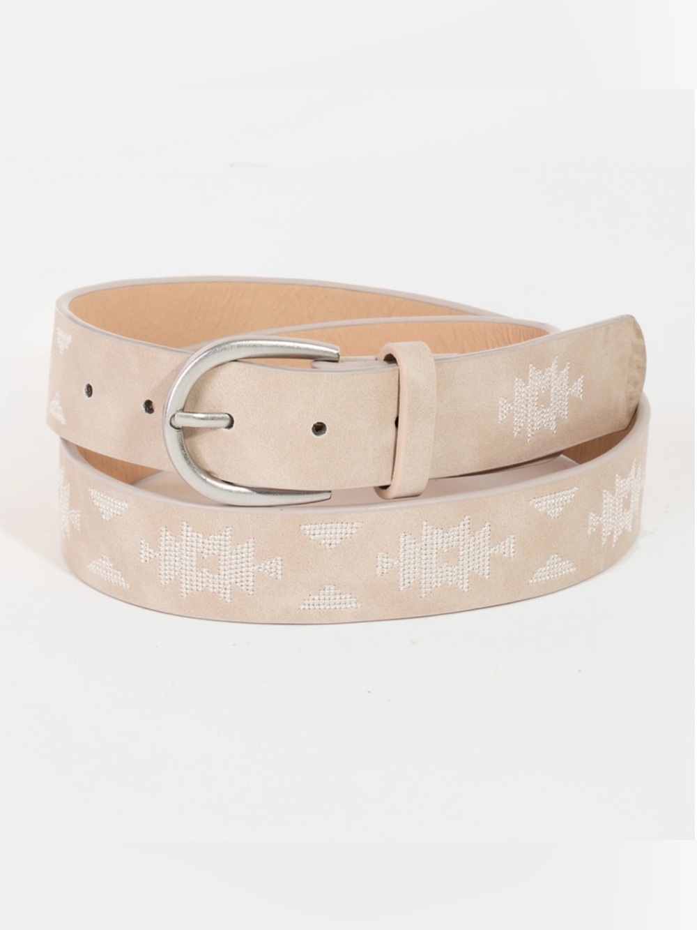 Women's Beige Embroidered Leather Like Belt with Silver Buckle - Picture 1 of 1